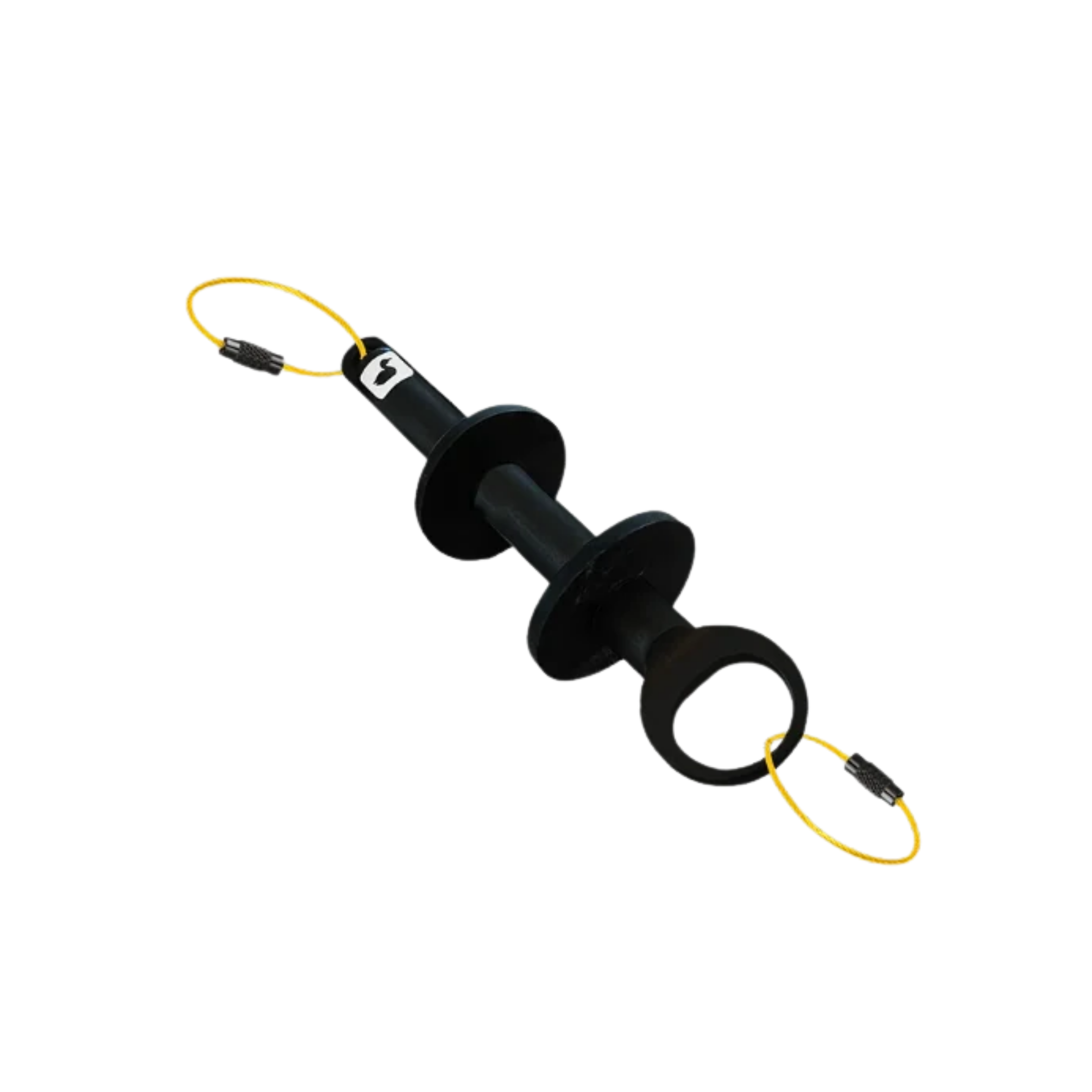 A black metal mechanical component with a circular ring and yellow wire loops on both ends, shown on a plain white background.