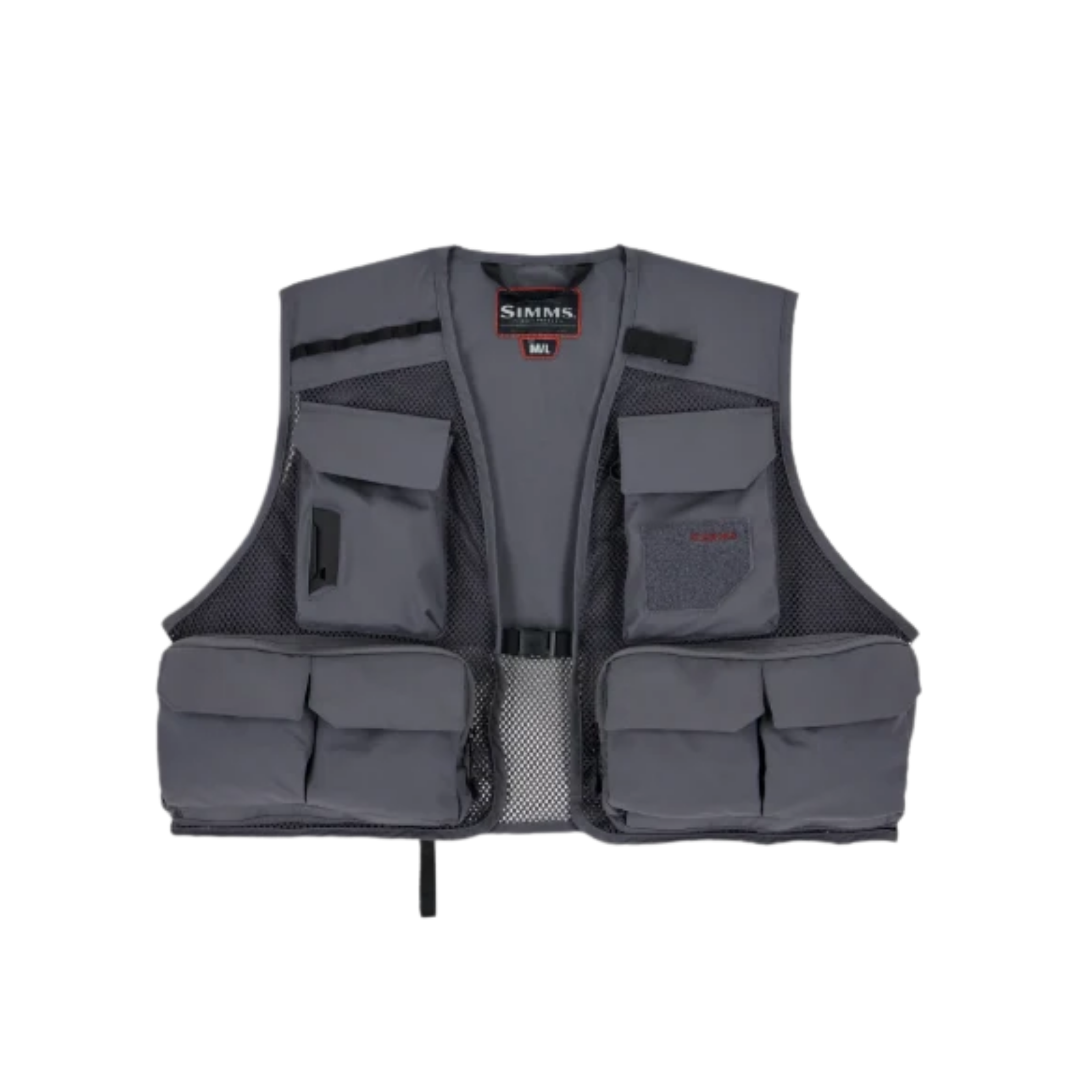 A gray Simmel multi-pocket fishing vest with mesh panels and multiple front pockets, shown against a plain white background.