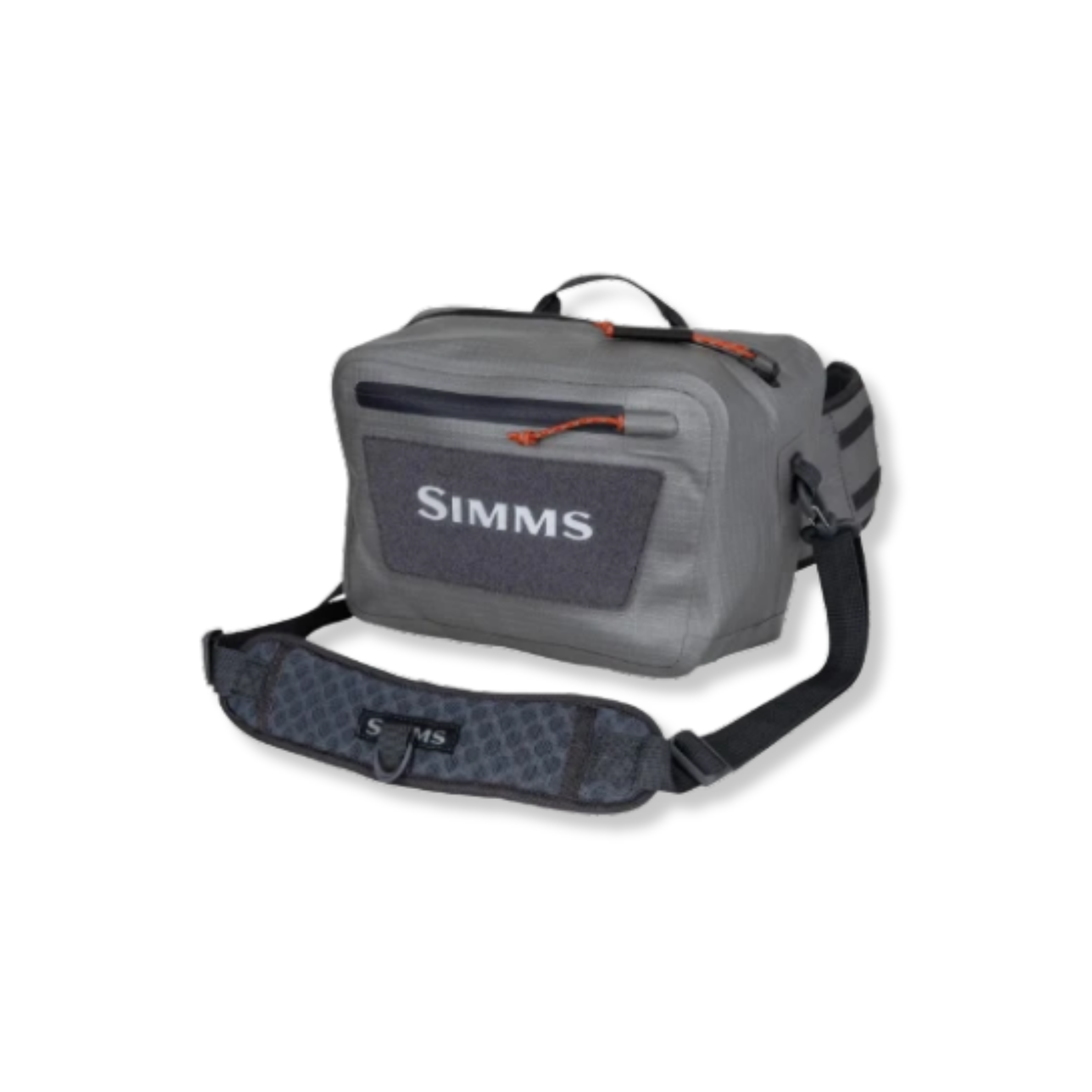 A gray Simms dry bag with a black adjustable waist strap and orange zipper pulls, shown on a plain white background.