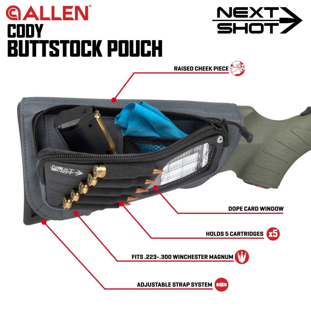 Allen Butt Stock Rifle Ammo Pouch Next Shot Cody + Cheek Piece Grey 7 Round