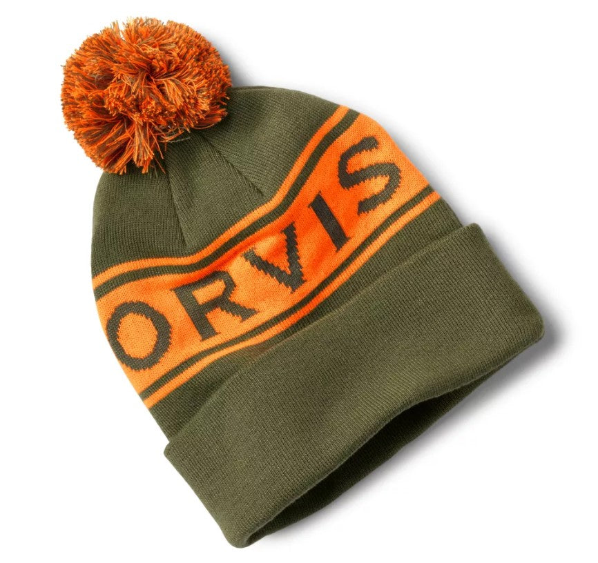 ORVIS LOGO POM BEANIE - OLIVE/BLAZE